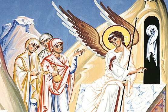 Der Engel und die Frauen beim leeren Grab nach der Auferstehung Jesu