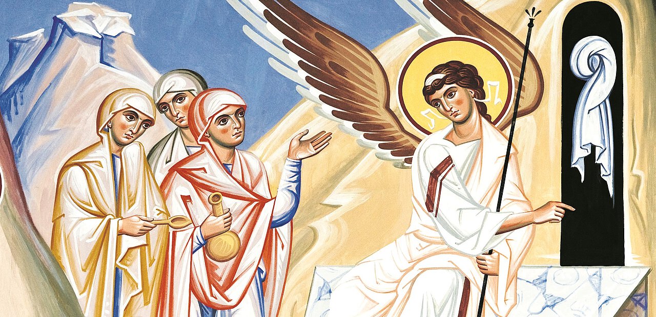 Der Engel und die Frauen beim leeren Grab nach der Auferstehung Jesu