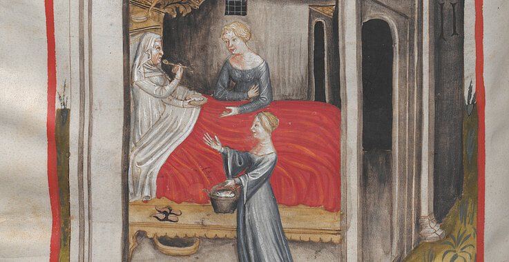 Einer Kranken wird Gerstenschleim serviert – Illustration aus Ibn Butlans Tacuinum sanitatis, Oberitalien, Ende 14. Jahrhundert.
