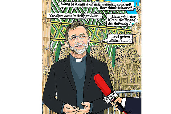 Seit Monaten vom SONNTAG vorbereitet: Der Cartoon mit der guten Nachricht, überbracht vom Apostolischen Administrator Josef Grünwidl.