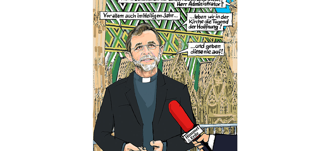 Seit Monaten vom SONNTAG vorbereitet: Der Cartoon mit der guten Nachricht, überbracht vom Apostolischen Administrator Josef Grünwidl.