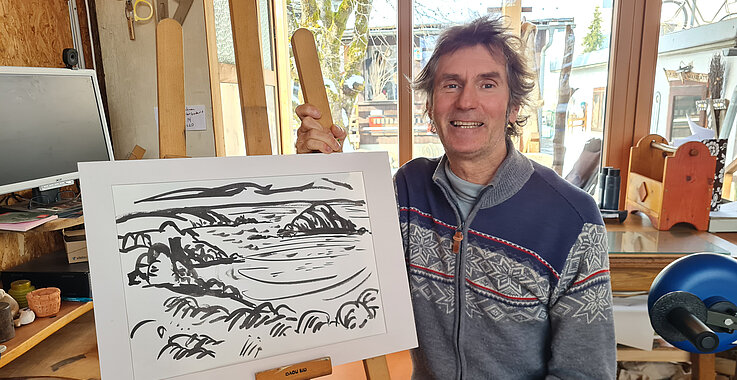 Tuschezeichnung, gestaltet von Chris Handwerker. Nach einem Schlaganfall hat sich seine Kunst verändert.