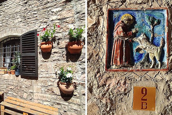 Dem heiligen Franziskus begegnet man in Assisi auf Schritt und Tritt. Und der Natur buchstäblich an – fast – jeder Hauswand.