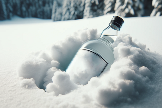 Eine Schnapsflasche die im Schnee liegt
