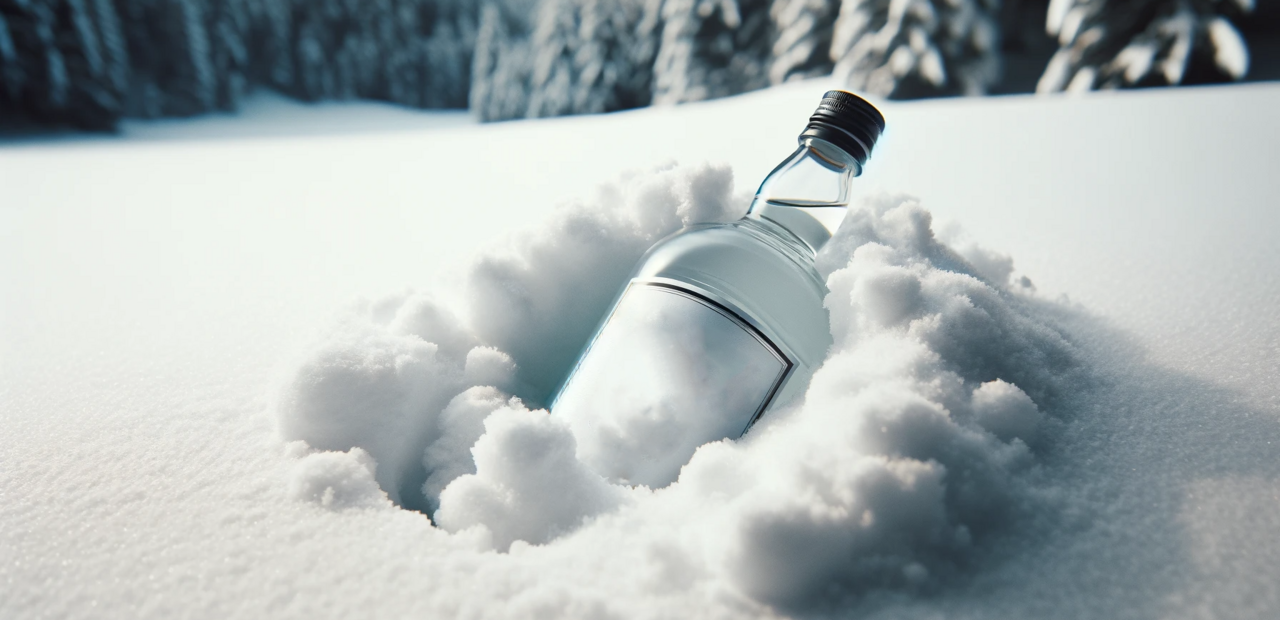 Eine Schnapsflasche die im Schnee liegt