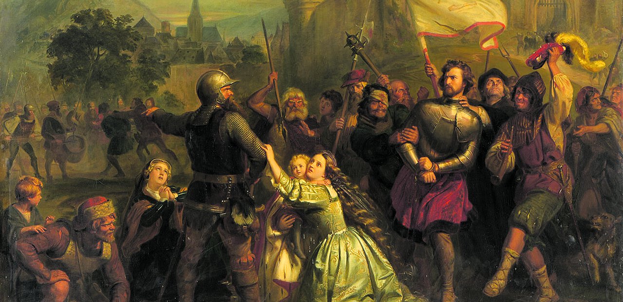 Szene aus dem Bauernkrieg: Die Gräfin Helfenstein bittet die aufrührerischen Bauern um das Leben ihres Gemahls (Georg Wilhelm Volkhart, 19. Jahrhundert).