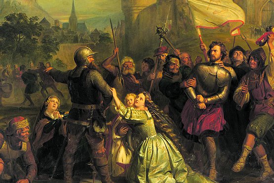 Szene aus dem Bauernkrieg: Die Gräfin Helfenstein bittet die aufrührerischen Bauern um das Leben ihres Gemahls (Georg Wilhelm Volkhart, 19. Jahrhundert).