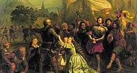 Szene aus dem Bauernkrieg: Die Gräfin Helfenstein bittet die aufrührerischen Bauern um das Leben ihres Gemahls (Georg Wilhelm Volkhart, 19. Jahrhundert).