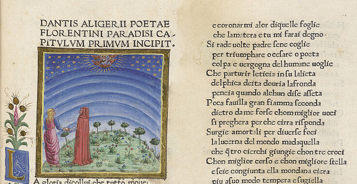 Dante wird in der Göttlichen Komödie im Jenseits von Beatrice zu Gott geleitet (um 1472).