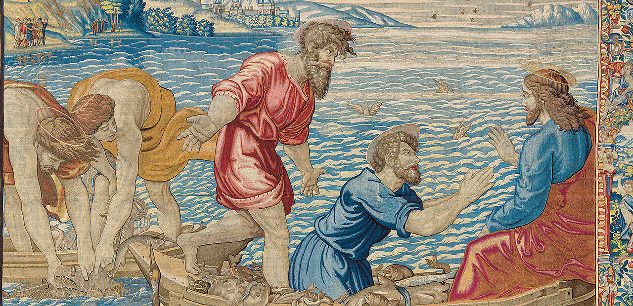 Der wunderbare Fischzug aus der Serie „Szenen aus der Apostelgeschichte“, entworfen von Raffael, hergestellt unter Jakob I. Geubels in Brüssel um 1600 aus Wolle und Seide.