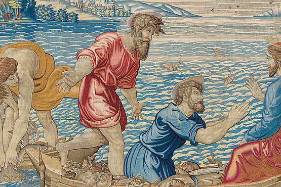 Der wunderbare Fischzug aus der Serie „Szenen aus der Apostelgeschichte“, entworfen von Raffael, hergestellt unter Jakob I. Geubels in Brüssel um 1600 aus Wolle und Seide.