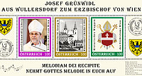 Drei Briefmarken zu Ehren von Erzbischof Josef Grünwidl. 