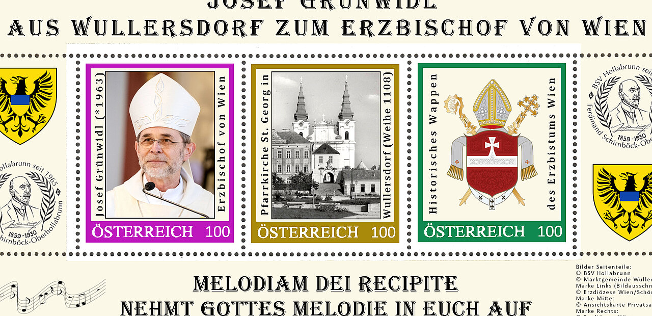 Drei Briefmarken zu Ehren von Erzbischof Josef Grünwidl. 
