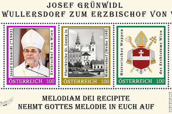 Drei Briefmarken zu Ehren von Erzbischof Josef Grünwidl. 