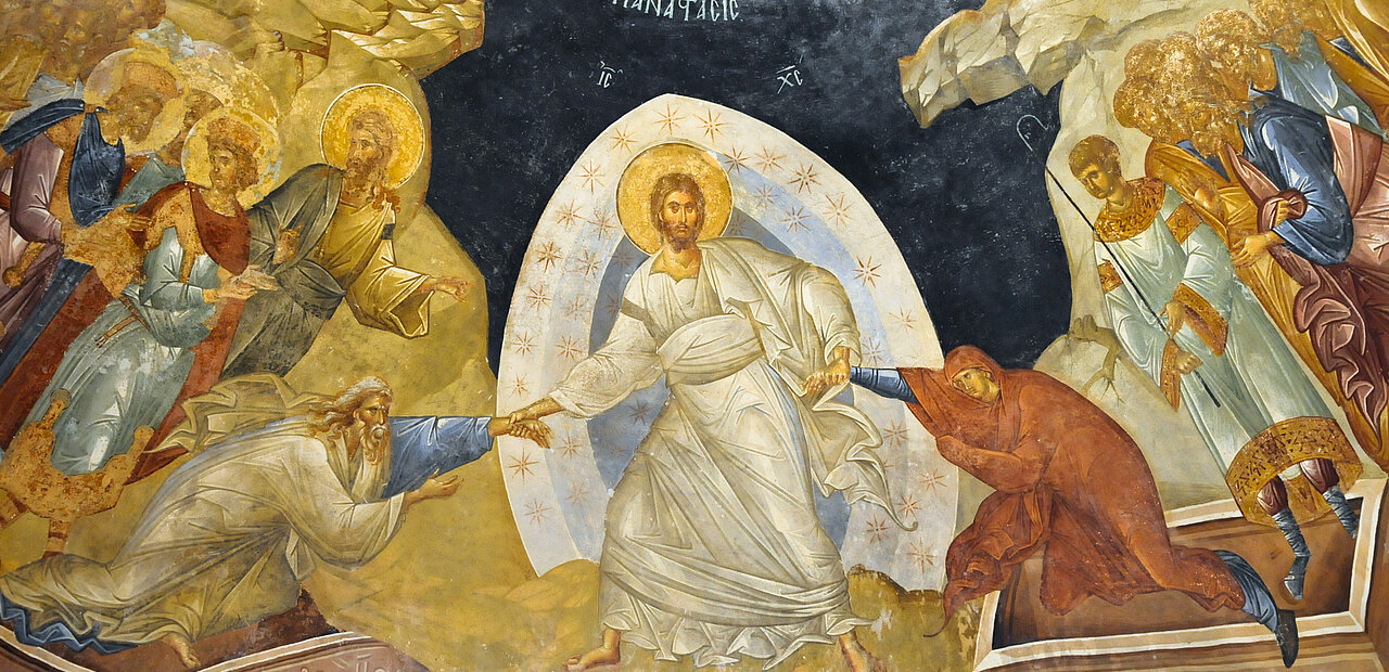 Auferstehungs-Ikone (aus dem Chorakloster): Jesus holt die Menschheit in Gestalt von Adam und Eva aus dem Totenreich.