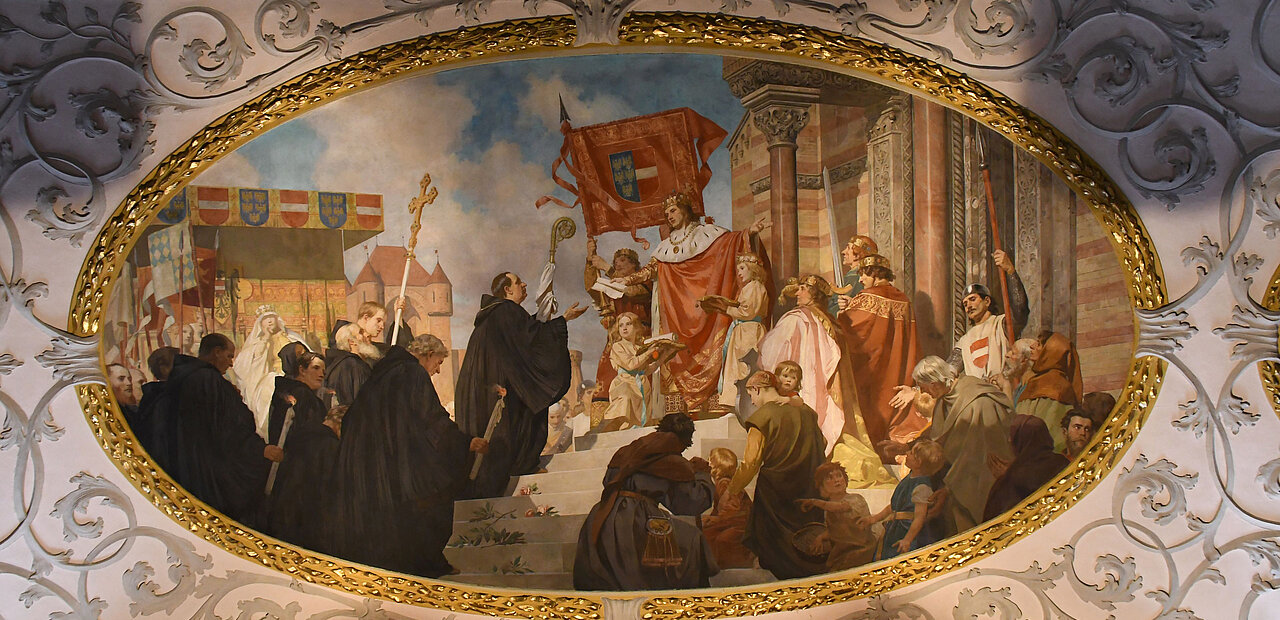 Alle Schottenmönche aus dem Konvent von 1880 sind in der Darstellung der Übergabe der Stiftungsurkunde als Gründungskonvent abgebildet – PR à la Benediktiner.
