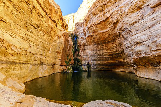 Fasten wie der Einbruch des Wassers in der Wüste. Hier ein versteckter Wasserfall am Toten Meer.