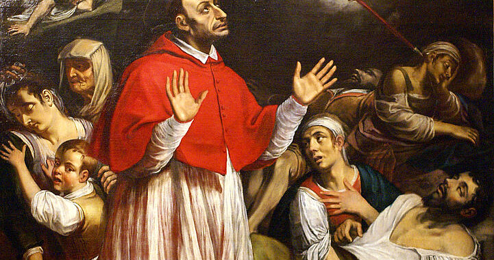 Das Gemäde Ein Engel verkuendet dem heiligen Karl Borromäus das Ende der Pest aus dem Jahr 1614 von Teodoro Vallonio