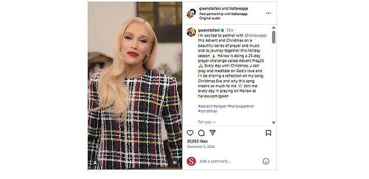 Gwen Stefani wirbt für die Gebetsapp Hallow. 