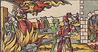 Hexenverfolgung: Das Bild zeigt eine historische Darstellung einer Hexenverbrennung, aus einem Holzschnitt.