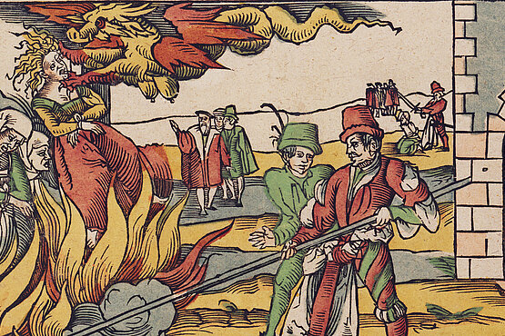 Hexenverfolgung: Das Bild zeigt eine historische Darstellung einer Hexenverbrennung, aus einem Holzschnitt.