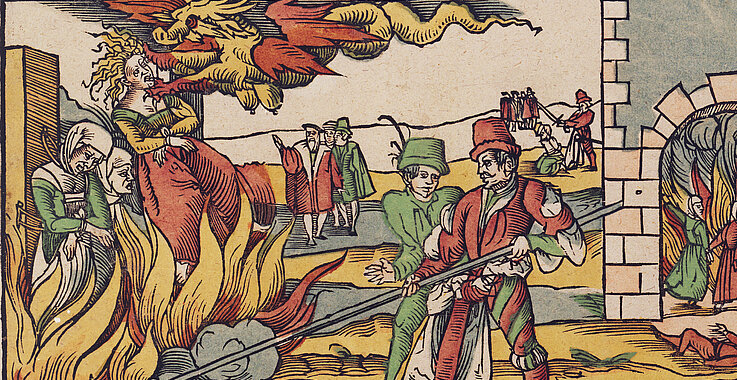 Hexenverfolgung: Das Bild zeigt eine historische Darstellung einer Hexenverbrennung, aus einem Holzschnitt.