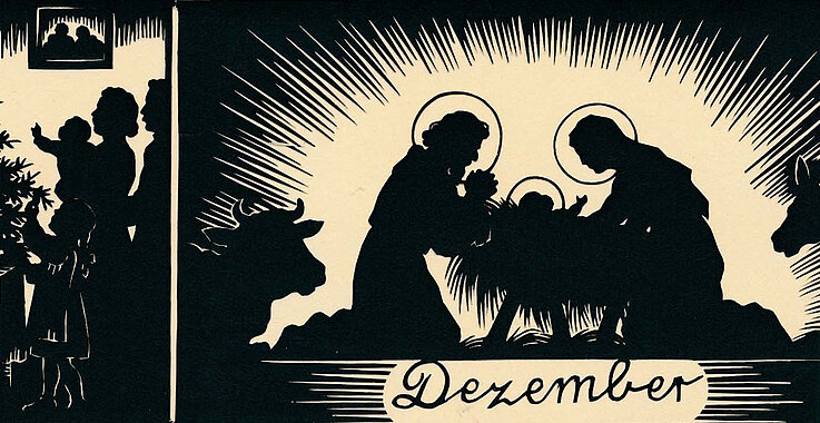Das Kalenderblatt für den Dezember zeigt die Krippenszene und eine Familie, die vor dem Christbaum feiert.