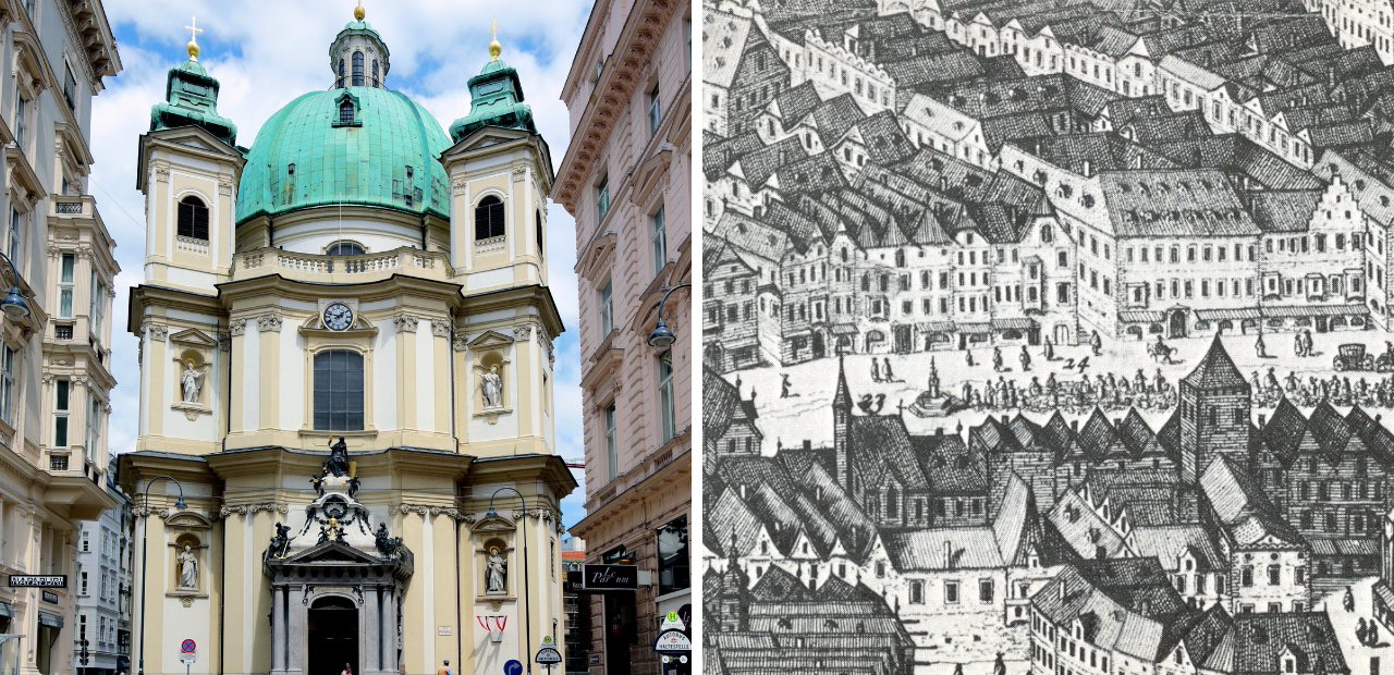 Dritte und erste Peterskirche:  links die Peterskirche heute, rechts ein Ausschnitt aus Jacob Hoefnagels Wiener Vogelschau von 1609: Der Graben.