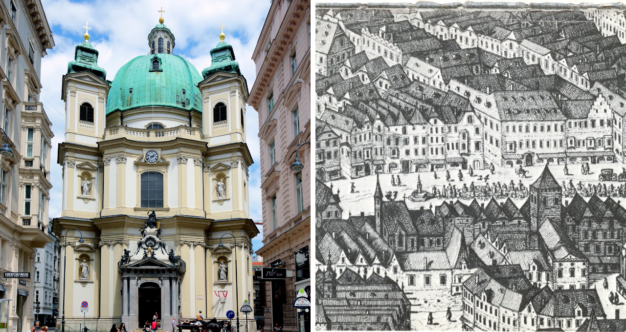 Dritte und erste Peterskirche:  links die Peterskirche heute, rechts ein Ausschnitt aus Jacob Hoefnagels Wiener Vogelschau von 1609: Der Graben.