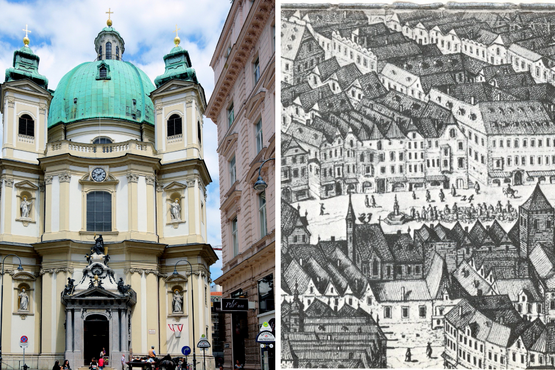 Dritte und erste Peterskirche:  links die Peterskirche heute, rechts ein Ausschnitt aus Jacob Hoefnagels Wiener Vogelschau von 1609: Der Graben.