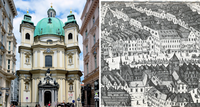 Dritte und erste Peterskirche:  links die Peterskirche heute, rechts ein Ausschnitt aus Jacob Hoefnagels Wiener Vogelschau von 1609: Der Graben.