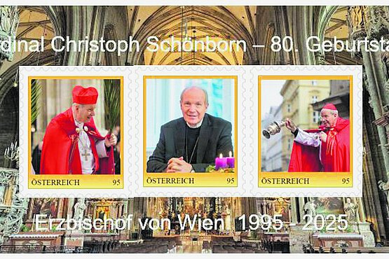 Briefmarken von Philatelistenverein St. Gabriel anlässlich des 80. Geburtstag von Kardinal Christoph Schönborn.