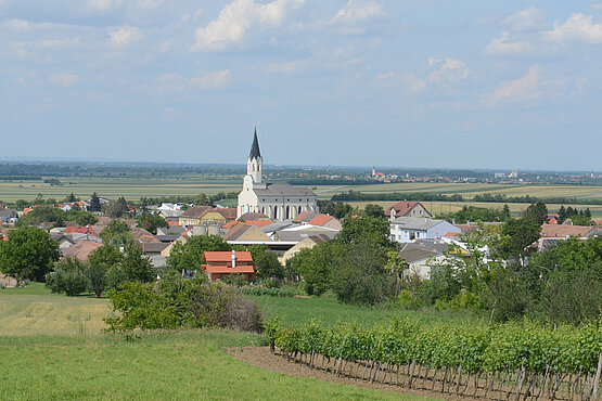 Bilderbuch Weinviertel: Die Kirche, das Dorf, die Weingärten und die Felder, etwa hier in Unterstinkenbrunn.