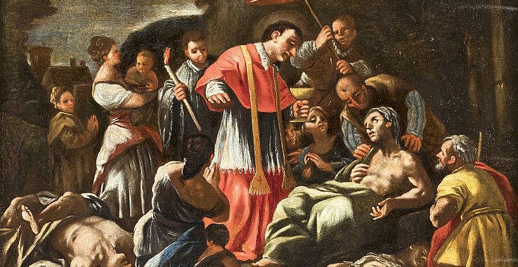 Das Gemälde Der heilige Carl Borromaeus verteilt die Kommunion an die Pestkranken nach Giuseppe Simonelli