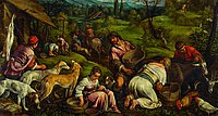 Die Vertreibung von Adam und Eva aus dem Paradies (rechts hinten klein zu sehen) markiert für den Künstler Jacopo Bassano den Eintritt des Menschen in ein hartes Arbeitsleben.