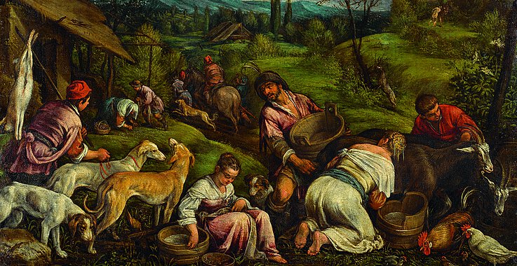 Die Vertreibung von Adam und Eva aus dem Paradies (rechts hinten klein zu sehen) markiert für den Künstler Jacopo Bassano den Eintritt des Menschen in ein hartes Arbeitsleben.