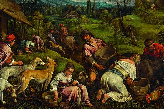 Die Vertreibung von Adam und Eva aus dem Paradies (rechts hinten klein zu sehen) markiert für den Künstler Jacopo Bassano den Eintritt des Menschen in ein hartes Arbeitsleben.