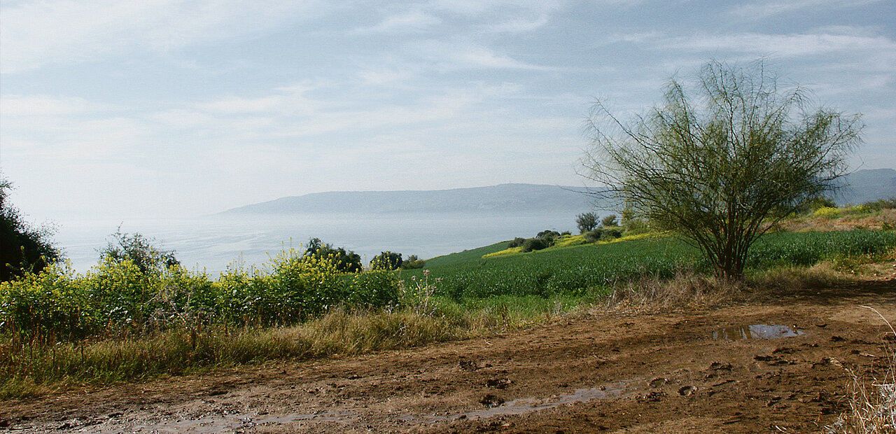 Landschaftsfoto des Sees Gennesaret vom Berg der Seligpreisungen aus gesehen