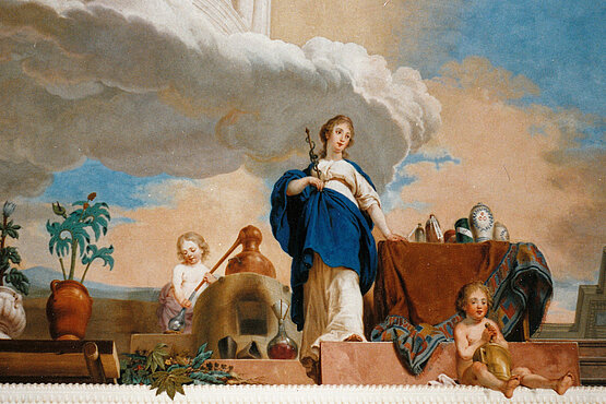 Klöster sammelten unglaublich viel Wissen über Kranken und frühe Medizin. Das Bild zeigt eine Malerei der Medizin von Konrad Huber in der Bibliothek des ehemaligen Klosters Amorbach. 