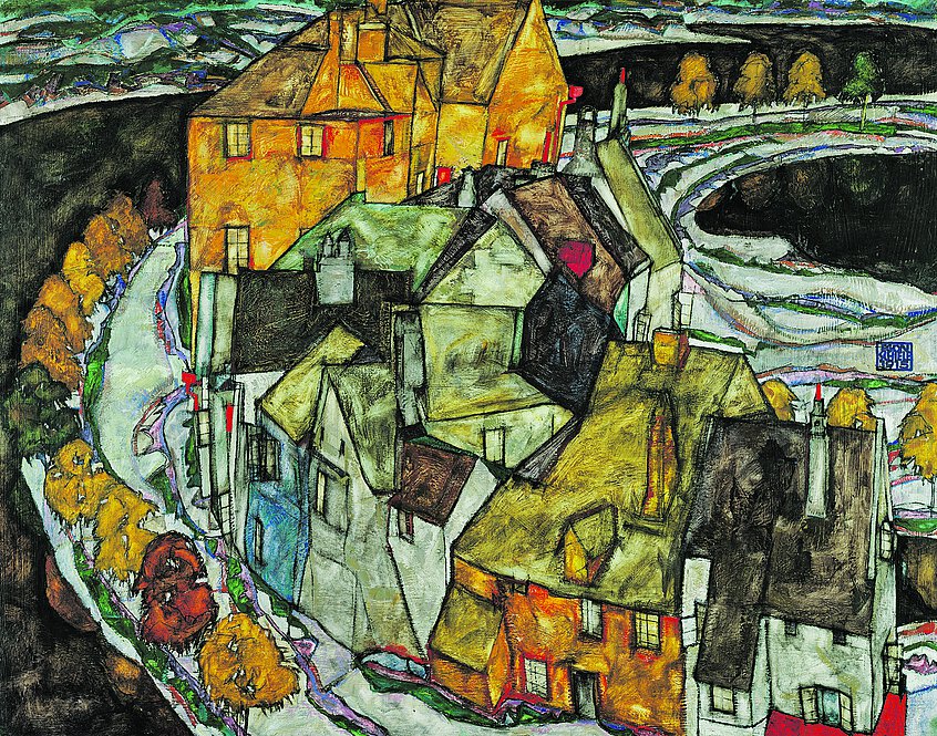 Der Häuserbogen II (Inselstadt) von Egon Schiele entstand 1915 und ist auch heute noch vom Schlossberg in Krumau aus zu identifizieren.