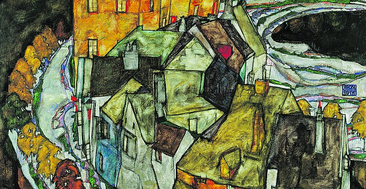 Der Häuserbogen II (Inselstadt) von Egon Schiele entstand 1915 und ist auch heute noch vom Schlossberg in Krumau aus zu identifizieren.