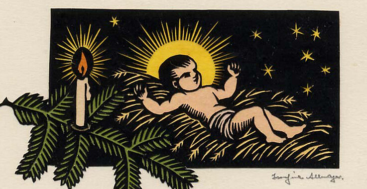 Das neugeborene Jesukind liegt in der Krippe.