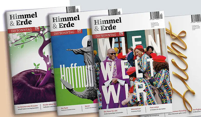 Unser Magazin "Himmel & Erde" erscheint vierteljährlich. Auf 80 Hochglanzseiten bietet es einen niederschwelligen Zugang zu Glaubens- und Lebensfragen. 