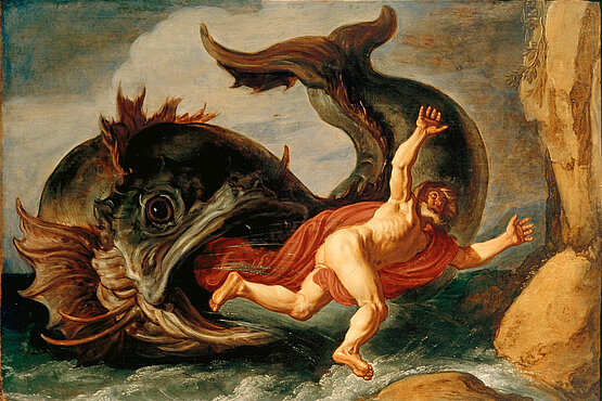 Ein Gemälde zeigt Prophet Jona und einen Wal