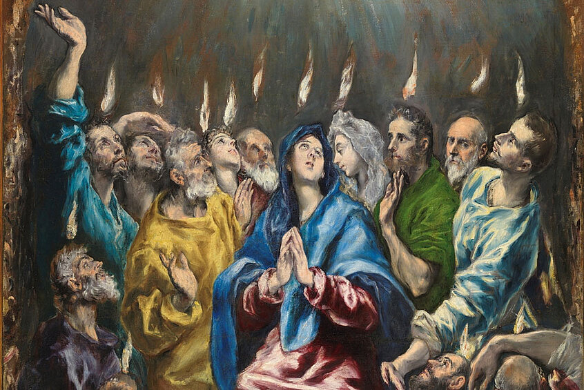 „Die Ausgießung des Heiligen Geistes“ (auch als Pfingsten bekannt, entstanden um 1596–1600) ist eines der faszinierendsten Spätwerke des griechisch-spanischen Meisters El Greco.