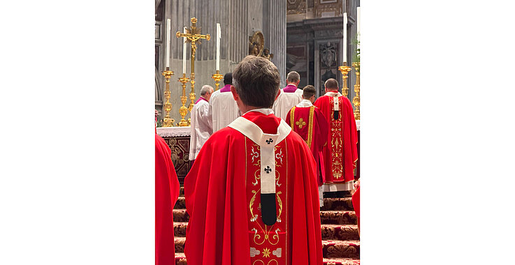Das Pallium, ein etwa fünf Zentimeter breites Band aus weißer Lammwolle, wird traditionell am 29. Juni zum Hochfest der Apostel Petrus und Paulus verliehen.