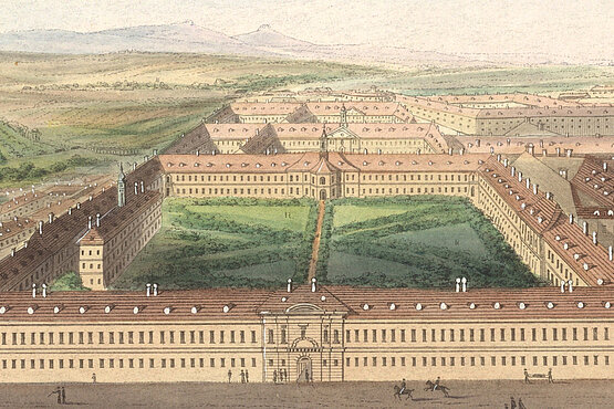 Vogelschau auf das Alte Allgemeine Krankenhaus Wien im Jahr 1823 – ein Blick in die Anfänge moderner medizinischer Versorgung der Stadt.