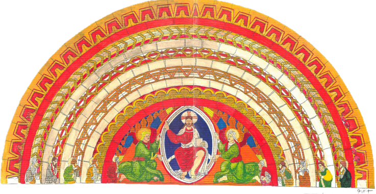 Die romanische Farbenpracht des Riesentores mit kräftigem Rot, Gold, Grün und Blau, mit reich gestaffelten Ornamentbändern aus Zickzack-, Flecht- und Schuppenmustern. Im Zentrum thront Christus als Weltenrichter in der Mandorla (Rekonstruktion).