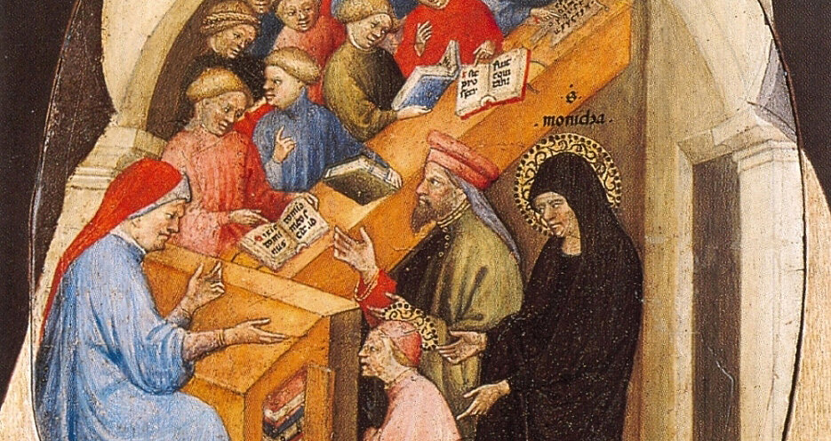 Der heilige Augustinus wird von der heiligen Monika in die Schule geführt, vom venezianischen Maler Niccolò di Pietro (1413–15).