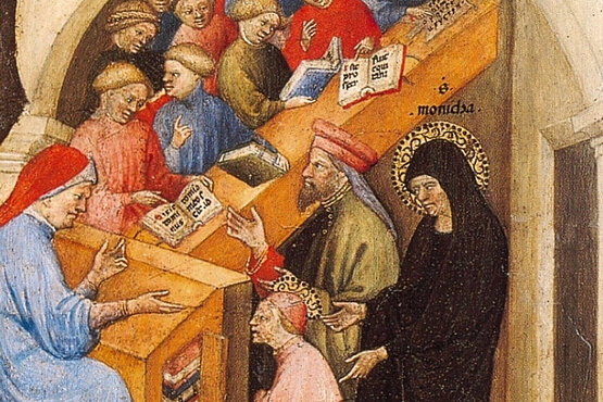 Der heilige Augustinus wird von der heiligen Monika in die Schule geführt, vom venezianischen Maler Niccolò di Pietro (1413–15).